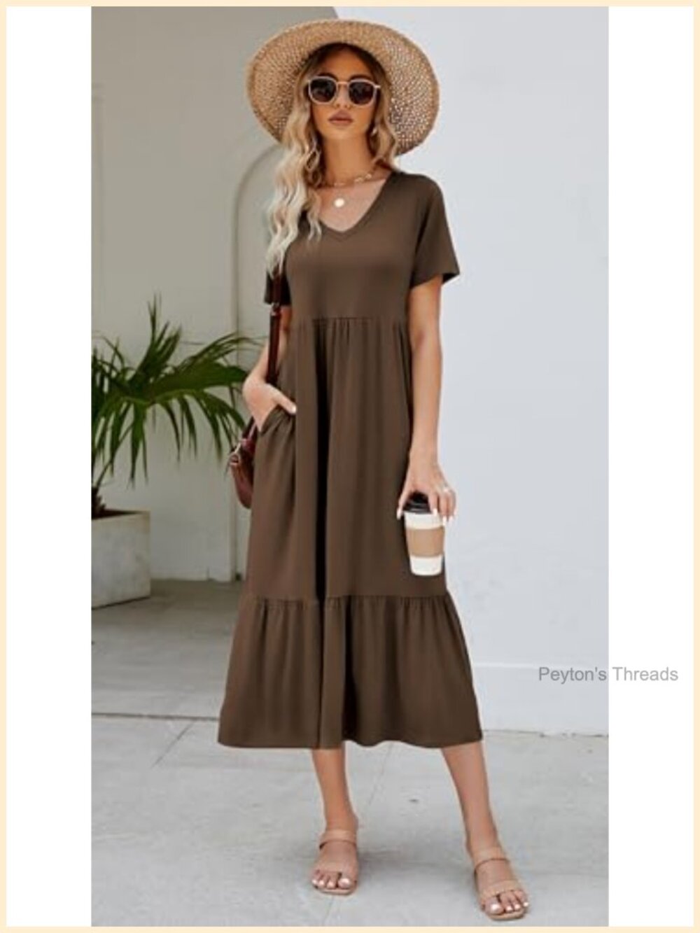 V Neck Swing Dress Flowy Tiered Maxi Beach Sundress with Pockets - Picture 2 of 6